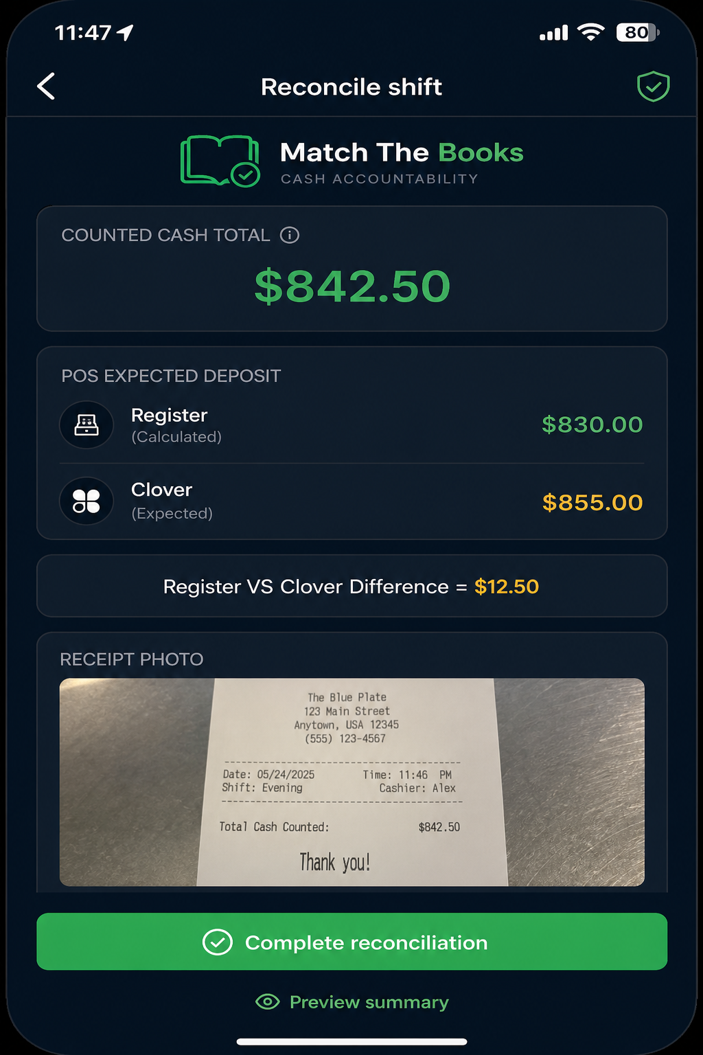 Match The Books reconciliation screen comparing register and POS totals