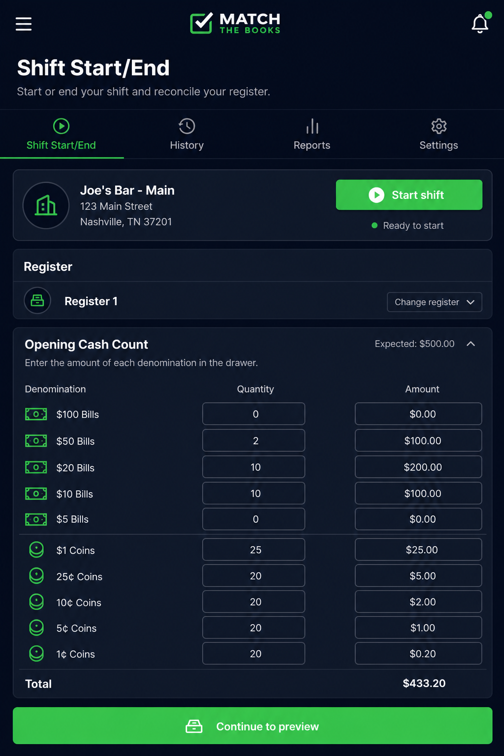 Match The Books shift start screen with opening cash count